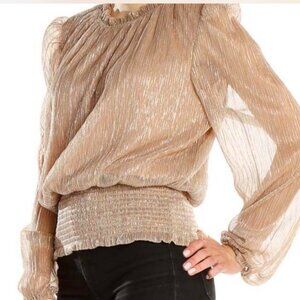 Joie NEW Metallic Shimmer Smocked sheer long sleeve top L
